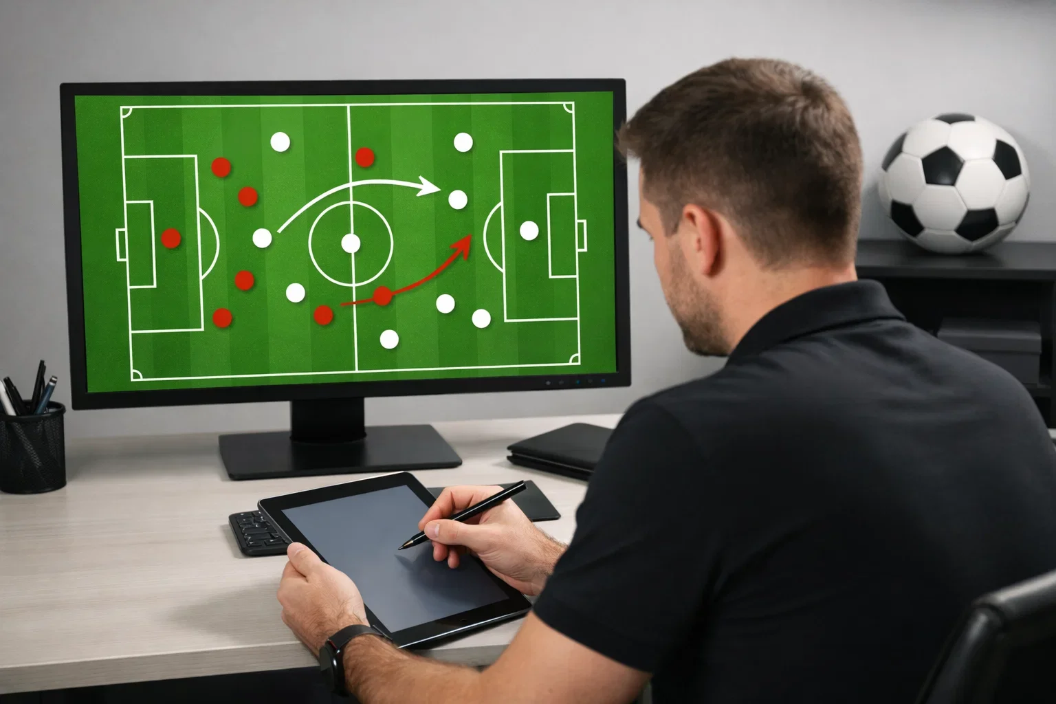 Analista sportivo che studia formazioni e statistiche di una squadra di calcio