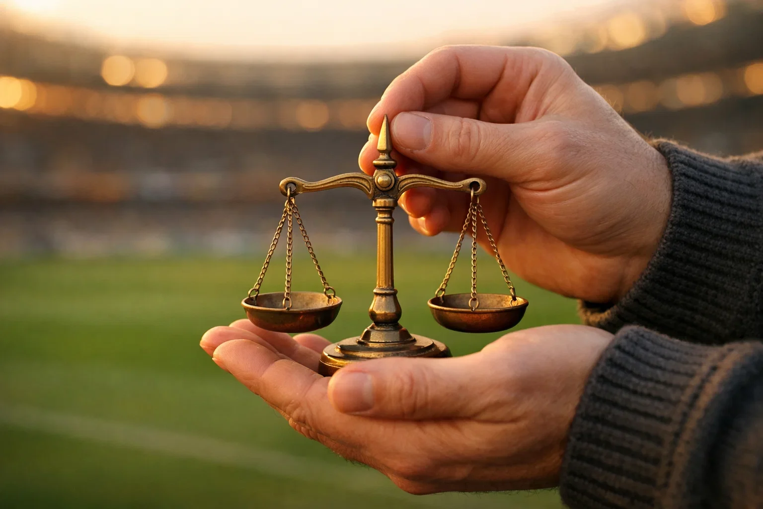 Mani che stringono simbolo di equilibrio e responsabilità con sfondo campo da calcio sfocato