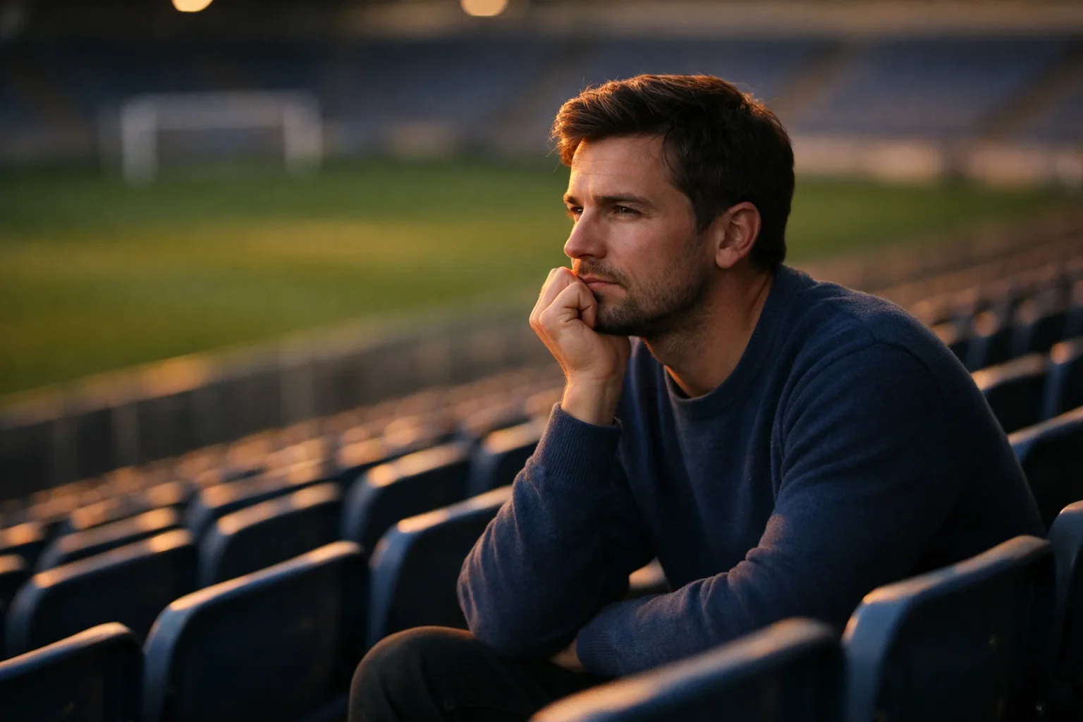 Uomo pensieroso davanti a uno stadio di calcio che riflette sulle scommesse sportive