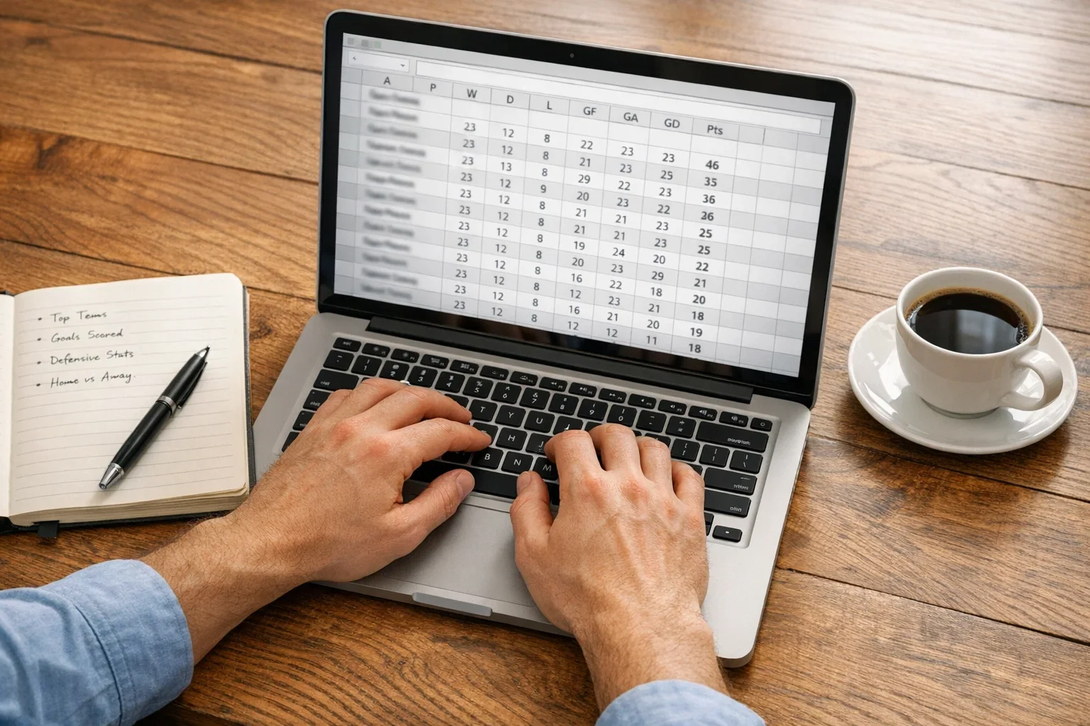 Persona che analizza statistiche di calcio su un laptop con appunti