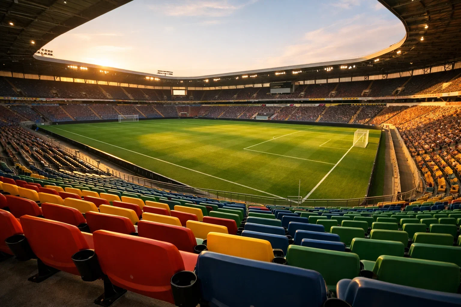 Stadio di calcio visto dalla tribuna con tifosi che supportano la squadra di casa