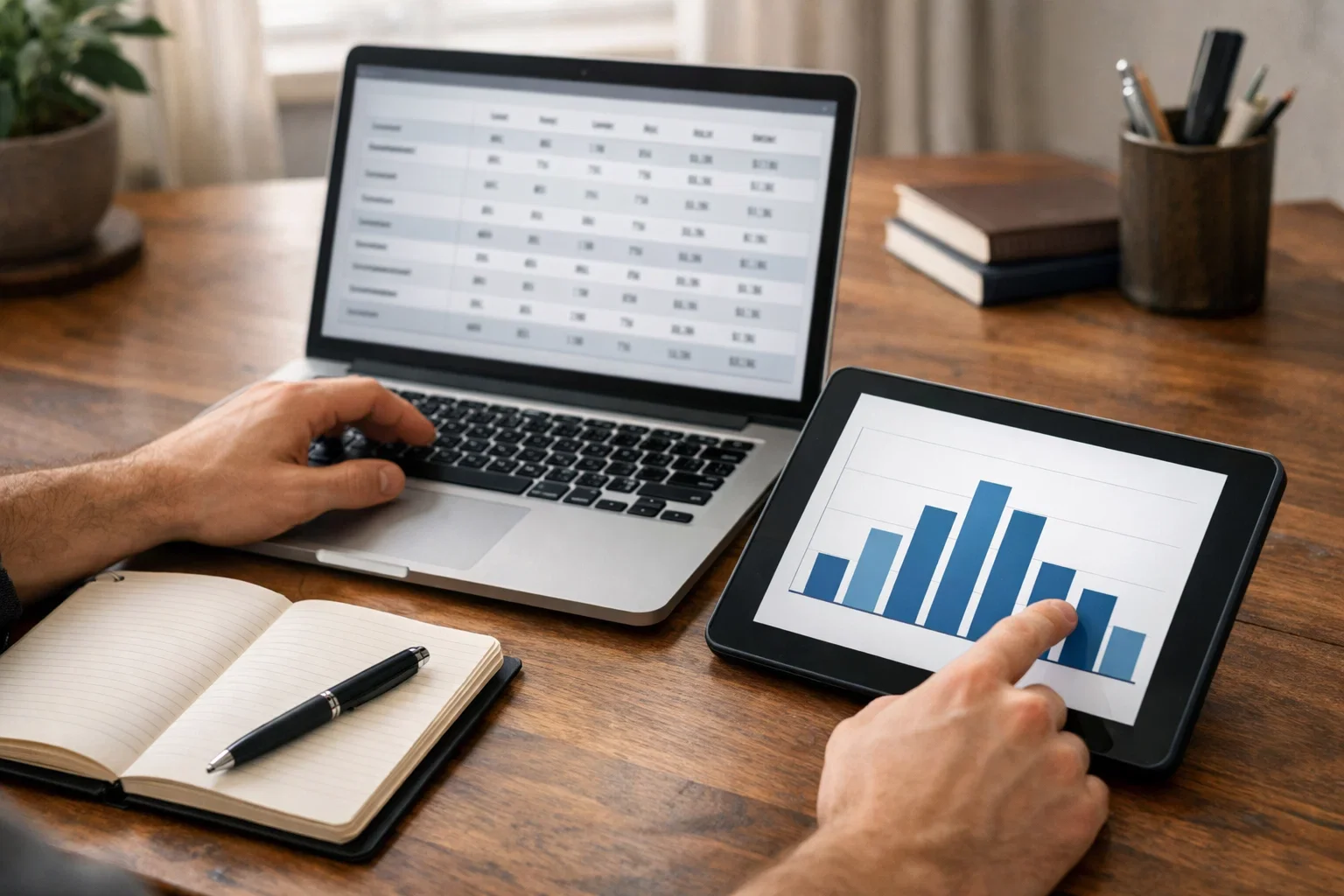 Persona che consulta dati statistici di calcio su laptop e tablet