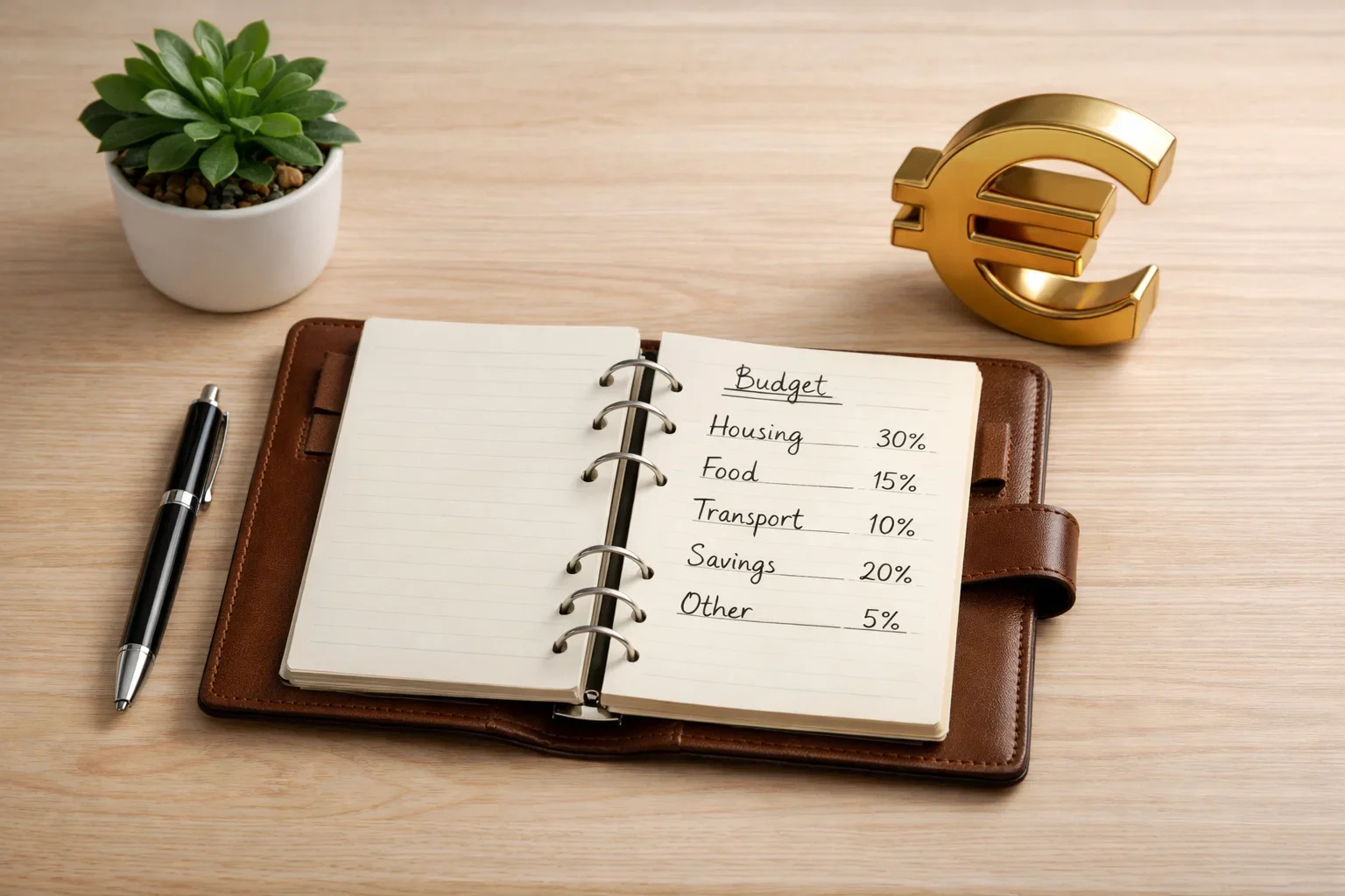 Quaderno con piano di gestione finanziaria e simbolo euro accanto a penna