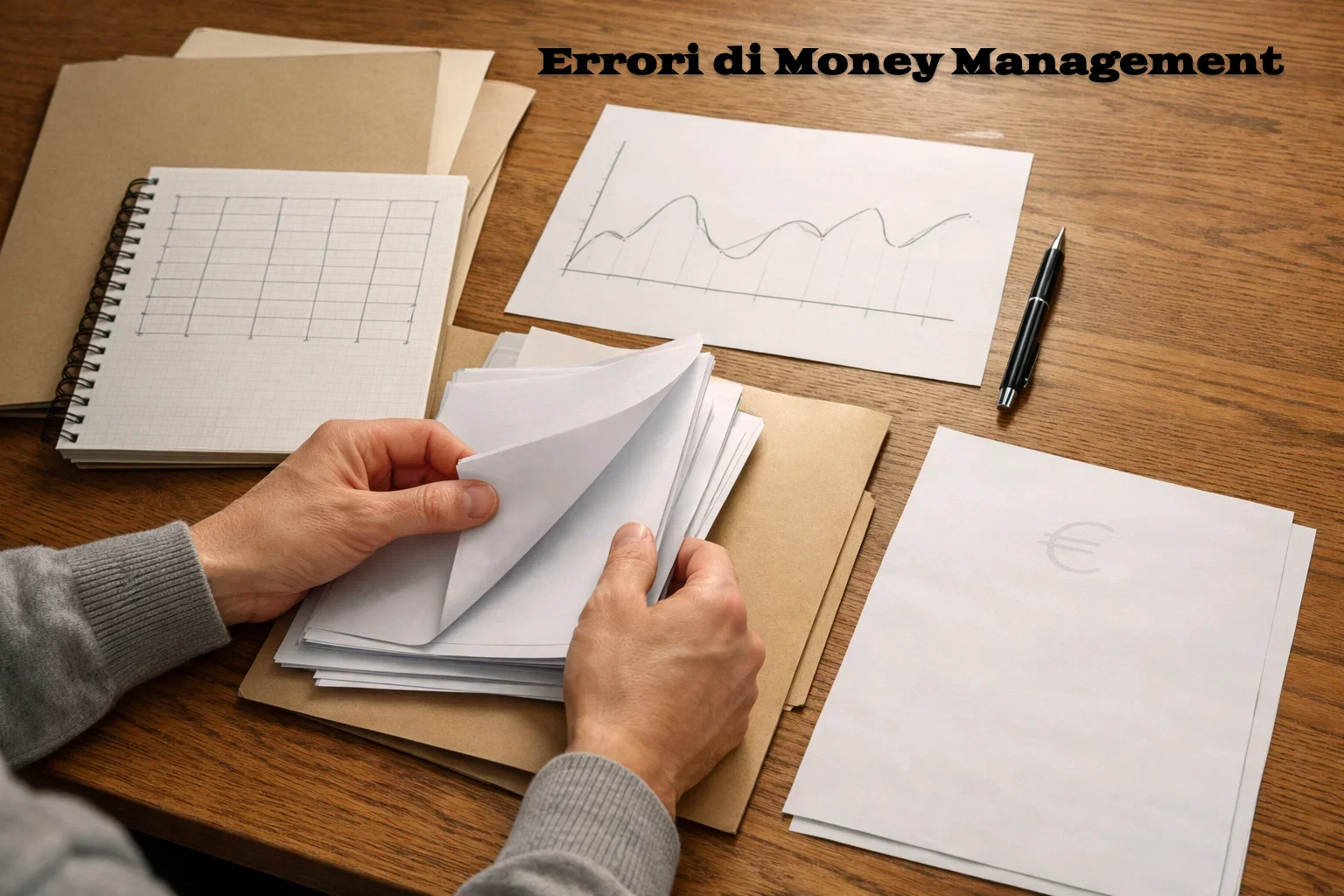 Mani che organizzano documenti finanziari con simbolo euro su un tavolo
