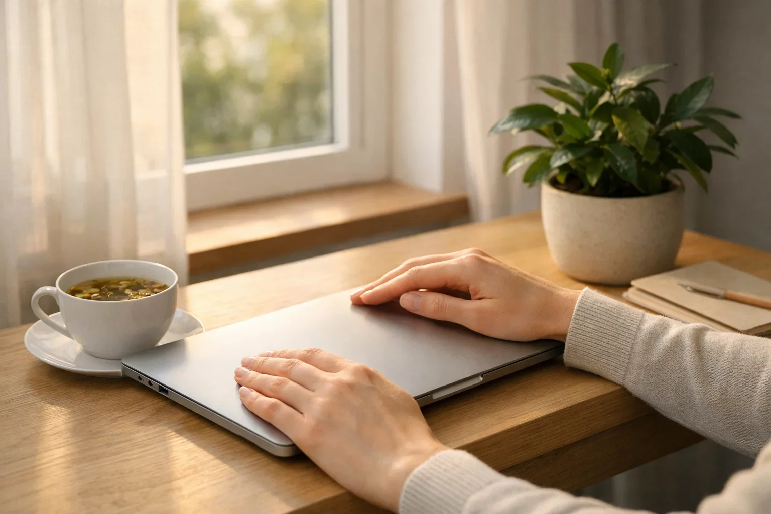 Persona che chiude un laptop con gesto consapevole di pausa dalle scommesse