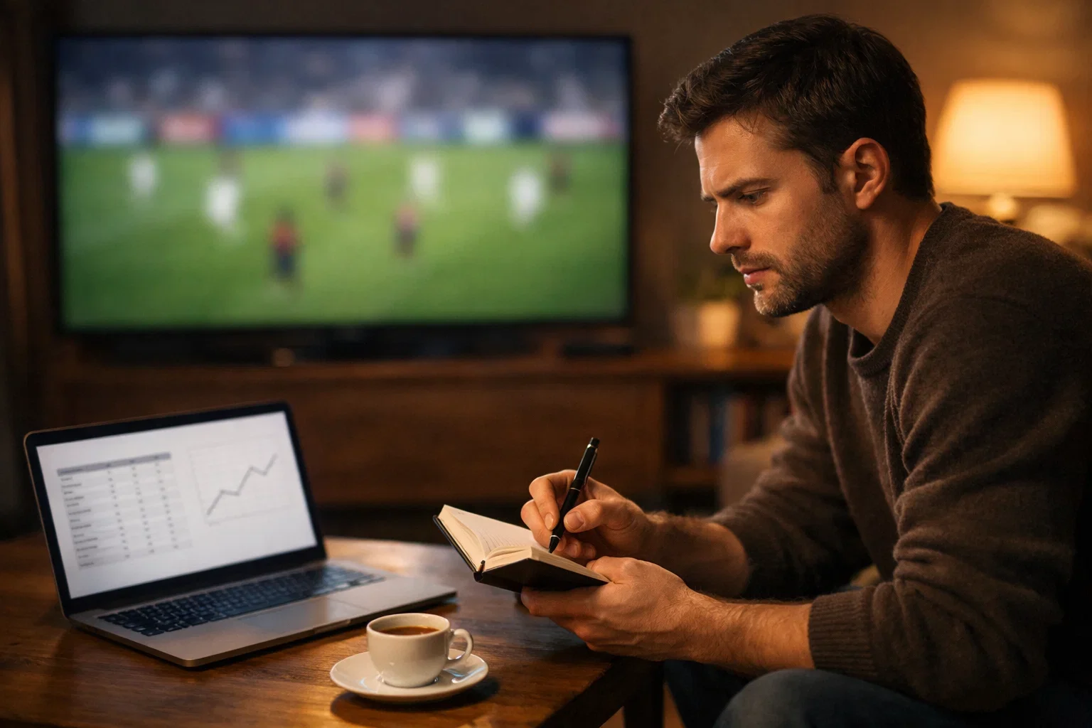 Tifoso che analizza una partita di calcio su schermo con appunti e statistiche