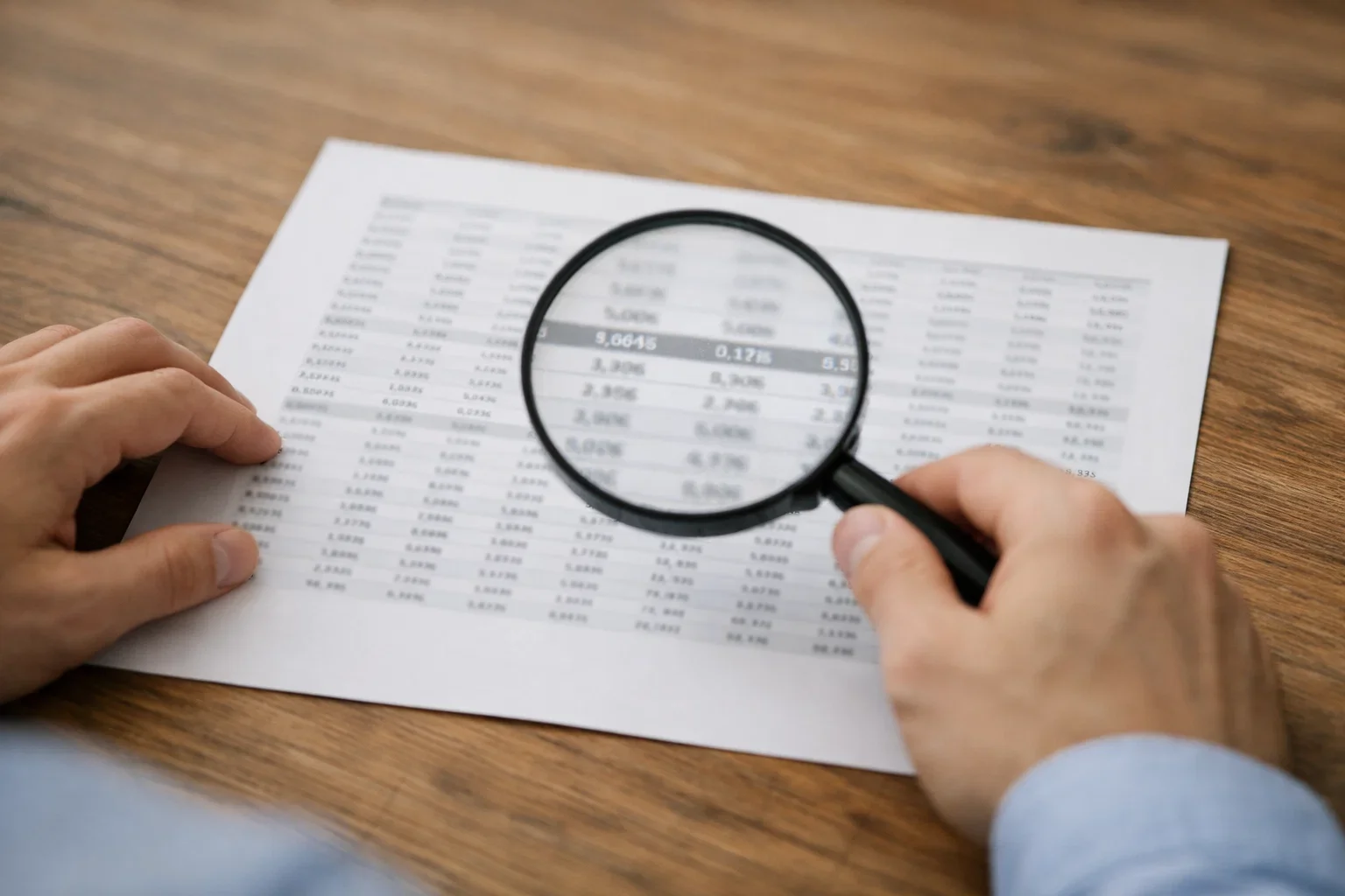 Persona che esamina dati statistici con lente di ingrandimento metaforica