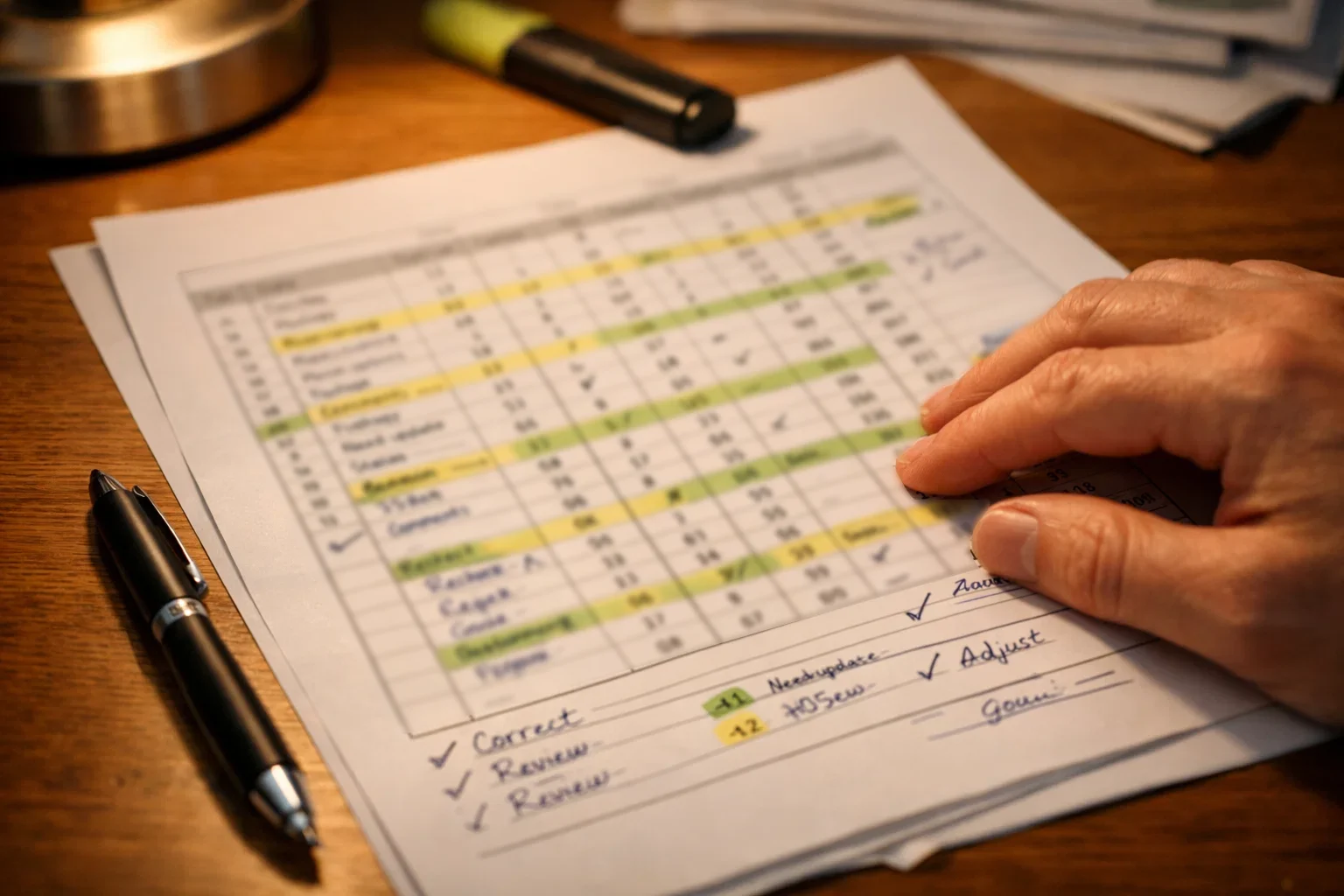 Persona che analizza risultati su carta con evidenziazioni colorate