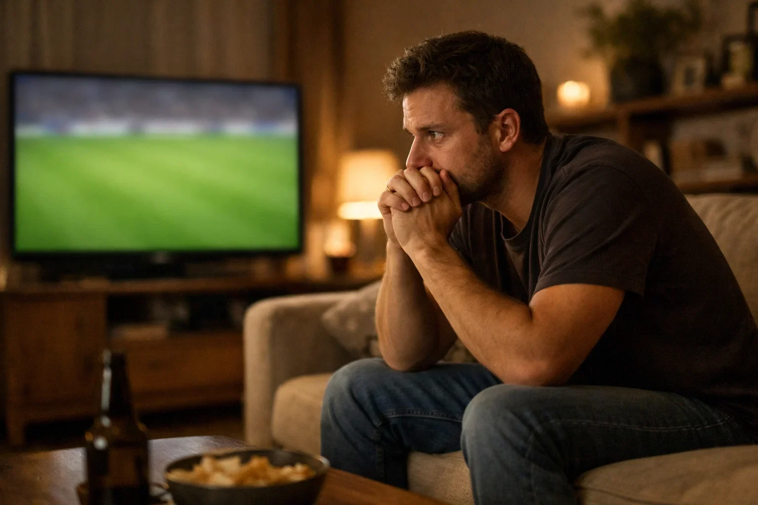 Tifoso di calcio con espressione concentrata mentre guarda una partita