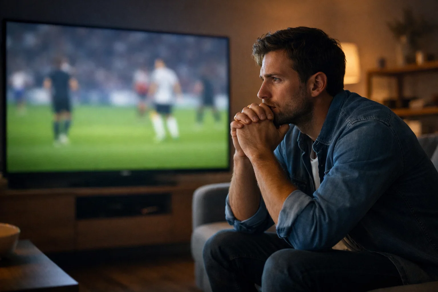 Tifoso che guarda una partita di calcio in diretta su grande schermo con tensione