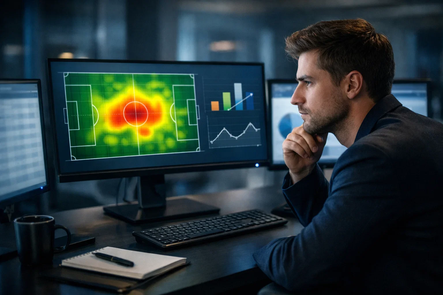 Analista che studia statistiche di calcio su schermi con grafici e dati