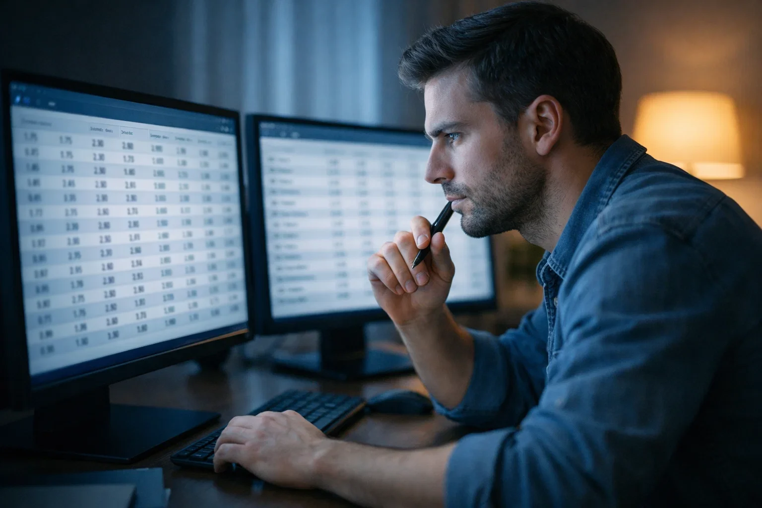 Analista concentrato che confronta quote di scommesse su diversi schermi